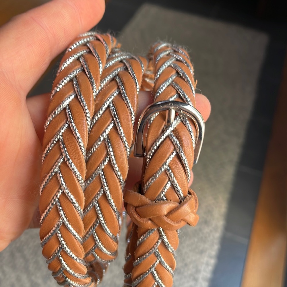 LOFT Tan and silver leather belt. Large- 43” long, 5/8” wide. Nicely polished.